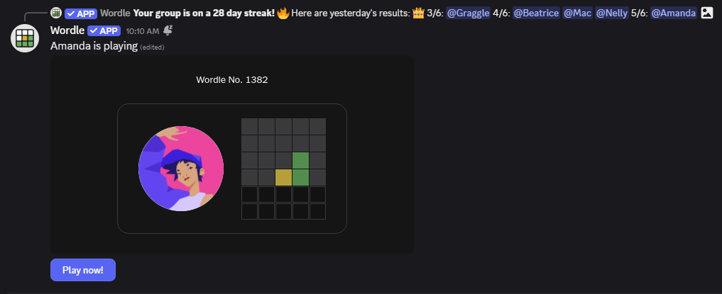 sharing updates on wordle gameplay in a discord server.png